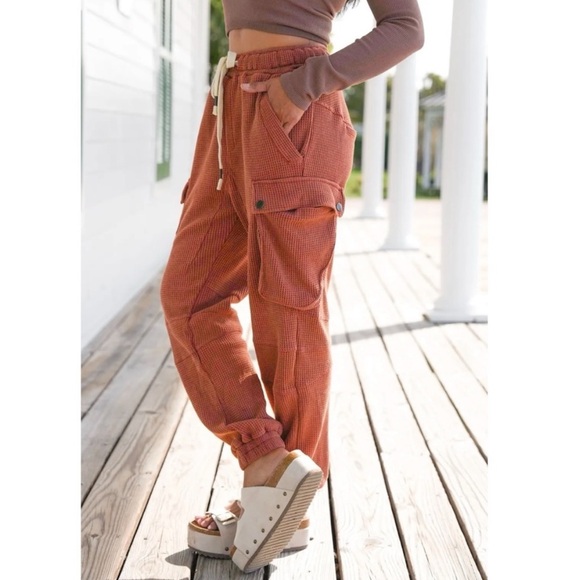 POL Waffle Knit Slouchy Cargo Thermal Drawstring Joggers in Brick Sz L Fall Pant - Picture 1 of 14